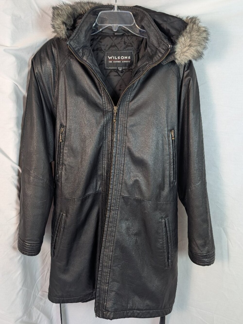 VTG Wilsons Black Leather Coat Faux Fur Trim Hood Women's L Y2K Mob Wife Matrix